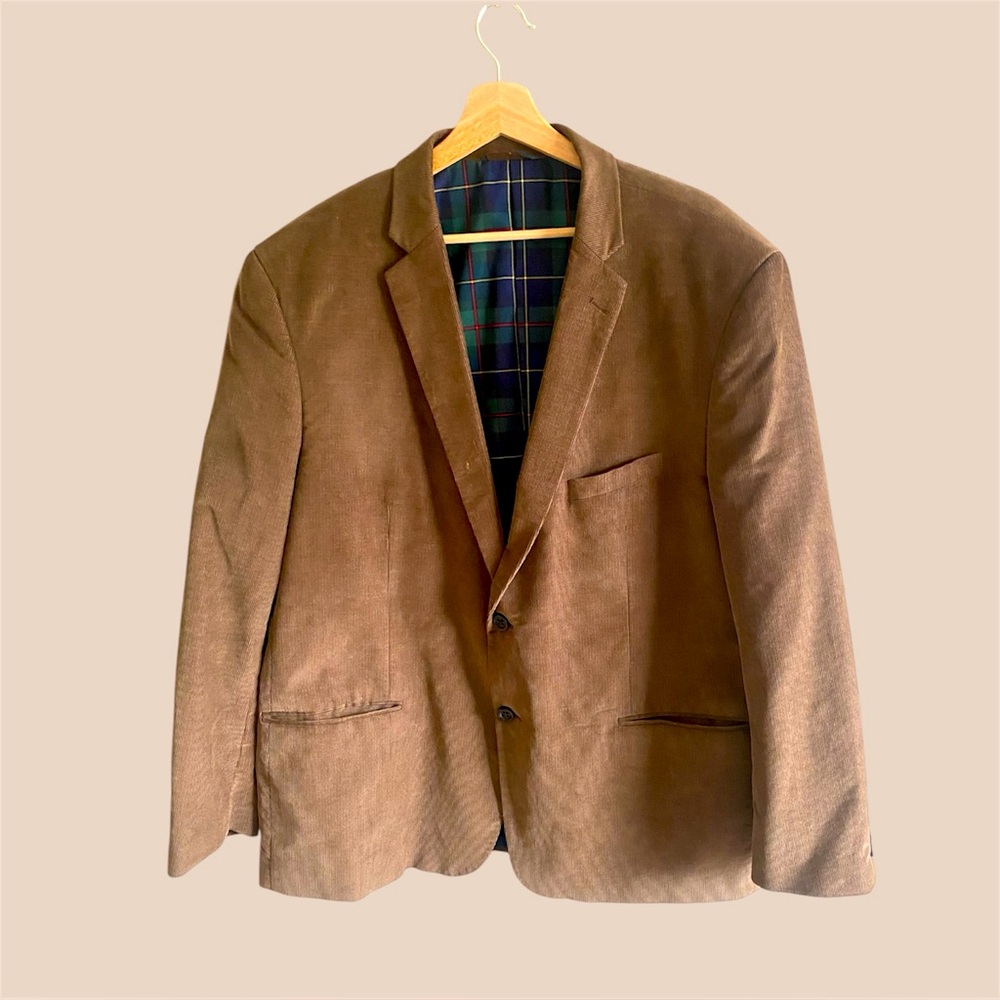 US Polo Assn Blazer Mens 50R Brown Corduroy Sport Coat 2 Button Plaid Pockets